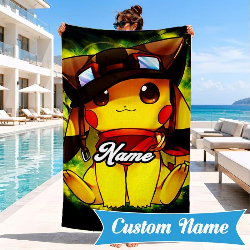 Custom Name Pika Adventure Hat Beach Towel Microfiber Beach Towel, Lightweight and Quick-Dry, for Summer Travel, Swimming Pool Gift