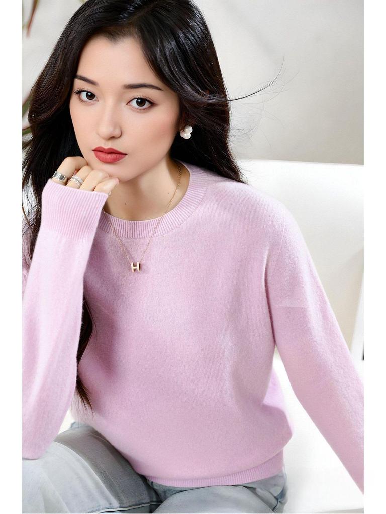 Dámský měkký kašmírový svetr s dlouhým rukávem a kulatým výstřihem - Módní, všestranný a pohodlný úplet.