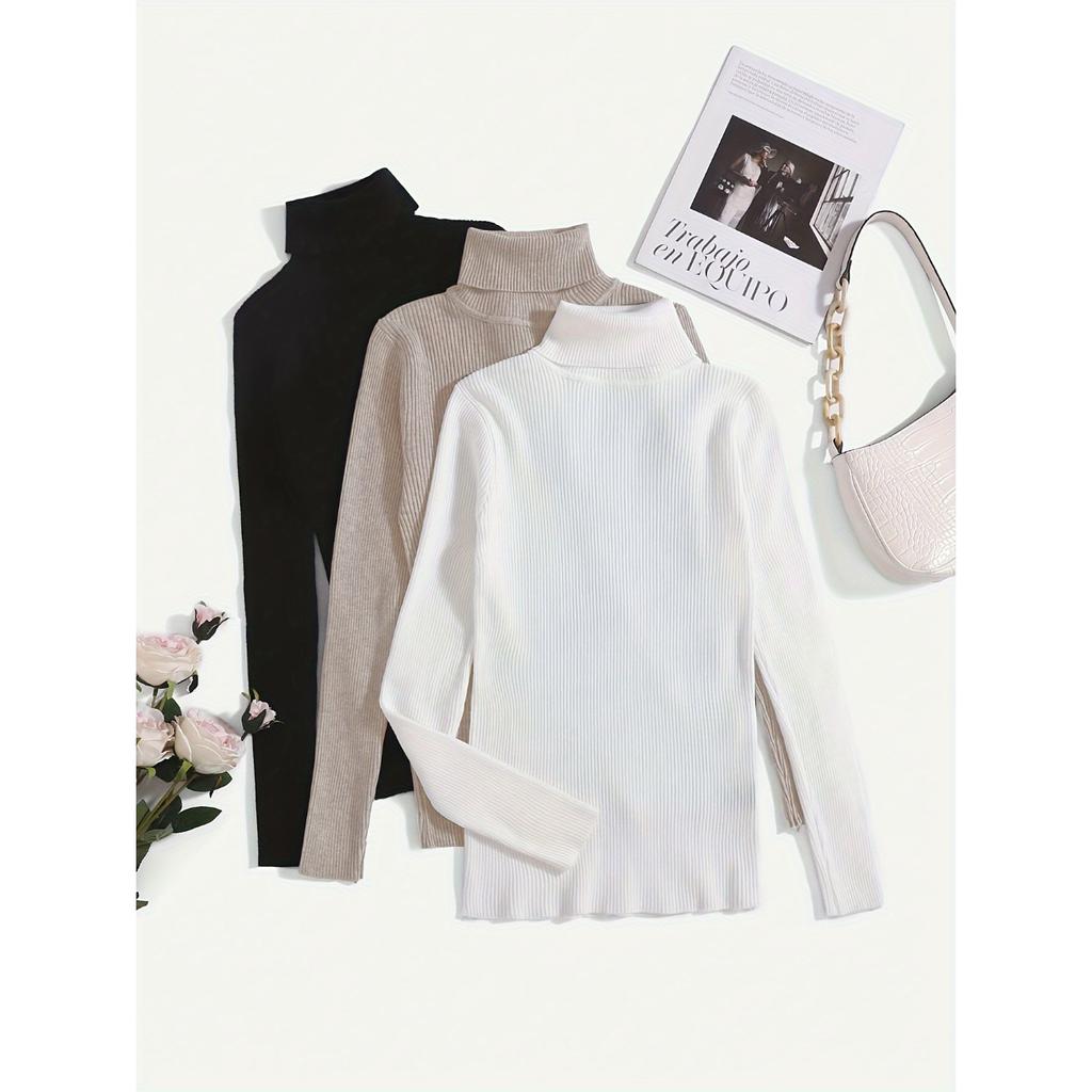 3 Pack Turtle Neck Ribbed T-Shirt, Versatile Slim Solid Color Long Sleeve T-Shirt for Spring & Fall, Women's Clothing