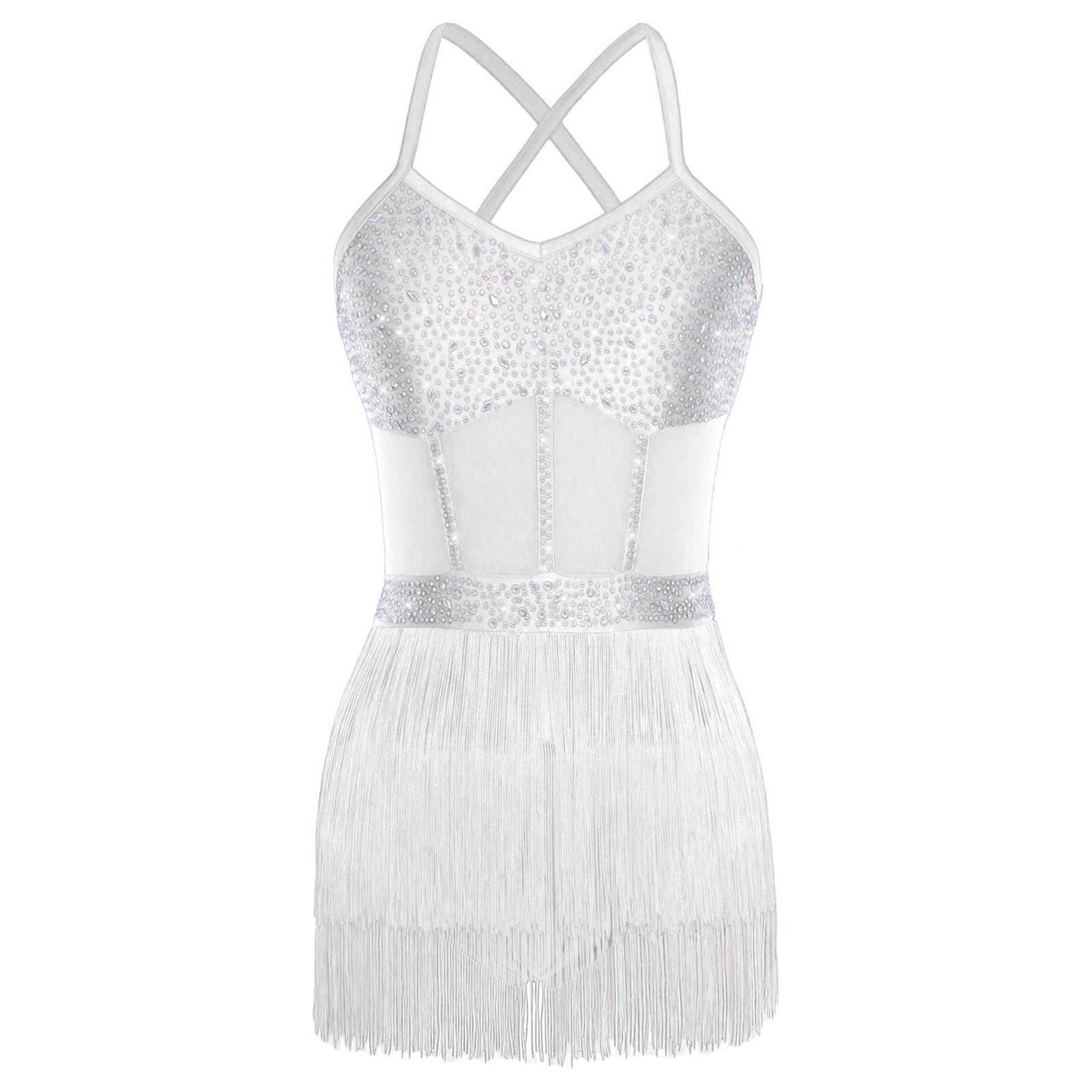 

Жіноча латиноамериканська танцювальна сукня Прозора сітка Печворк Стрази Багаторівнева Бахрома з китиць Суцільний боді M білий