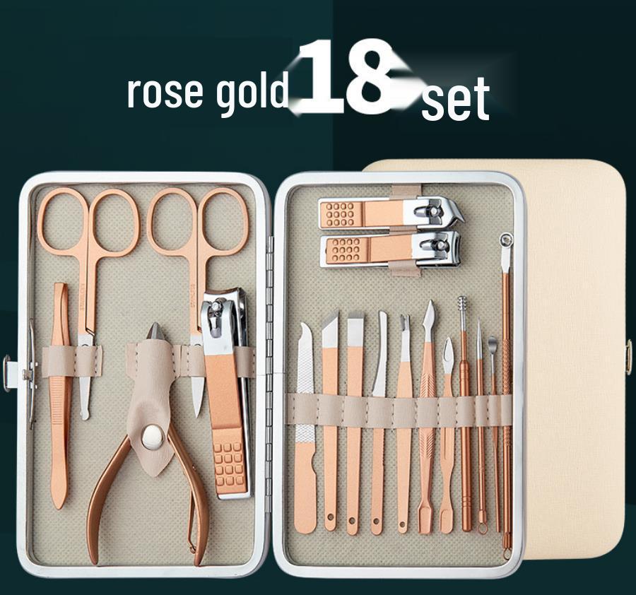 Rose Gold 18-Piece Stainless Steel Manicure Set - Nail Clippers & Art Tools