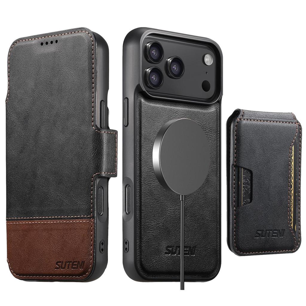 iPhone 17 Pro Max Leather Flip Case with Card Slot, Magnetic Closure, and 3-in-1 Wireless Charging Stand