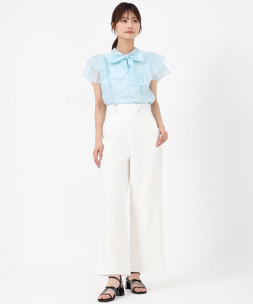 Mishmash Short Sleeve Blouse with Ruffles and Sheer Bow Blue Women's Tie,