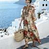New retro ethnic style geometric rhombus print dress V-neck flared mid-sleeved pocket loose holiday dress