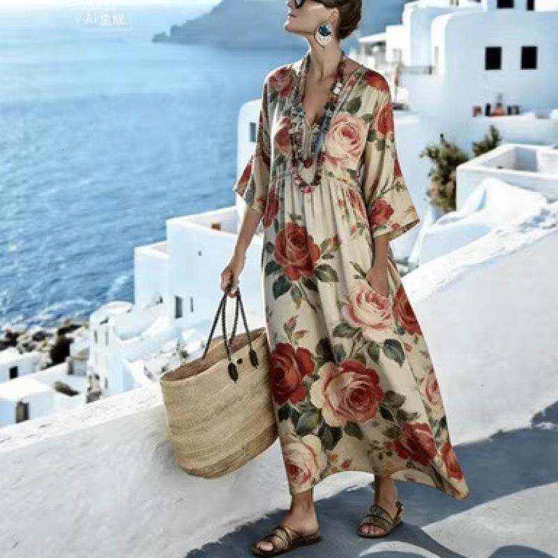 New retro ethnic style geometric rhombus print dress V-neck flared mid-sleeved pocket loose holiday dress