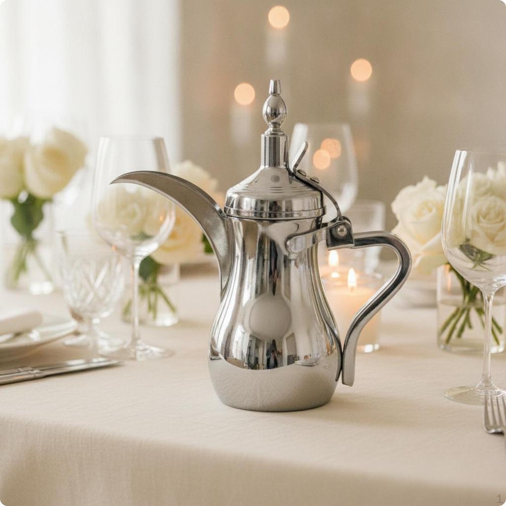 Middle Eastern Coffee Pot Stainless Steel with Curved Spout Chrome ArabicStyle Teapot for