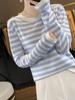 Women's Spring Wool Color Block Striped Long Sleeve Knit Top - Round Neck Loose Pullover Sweater