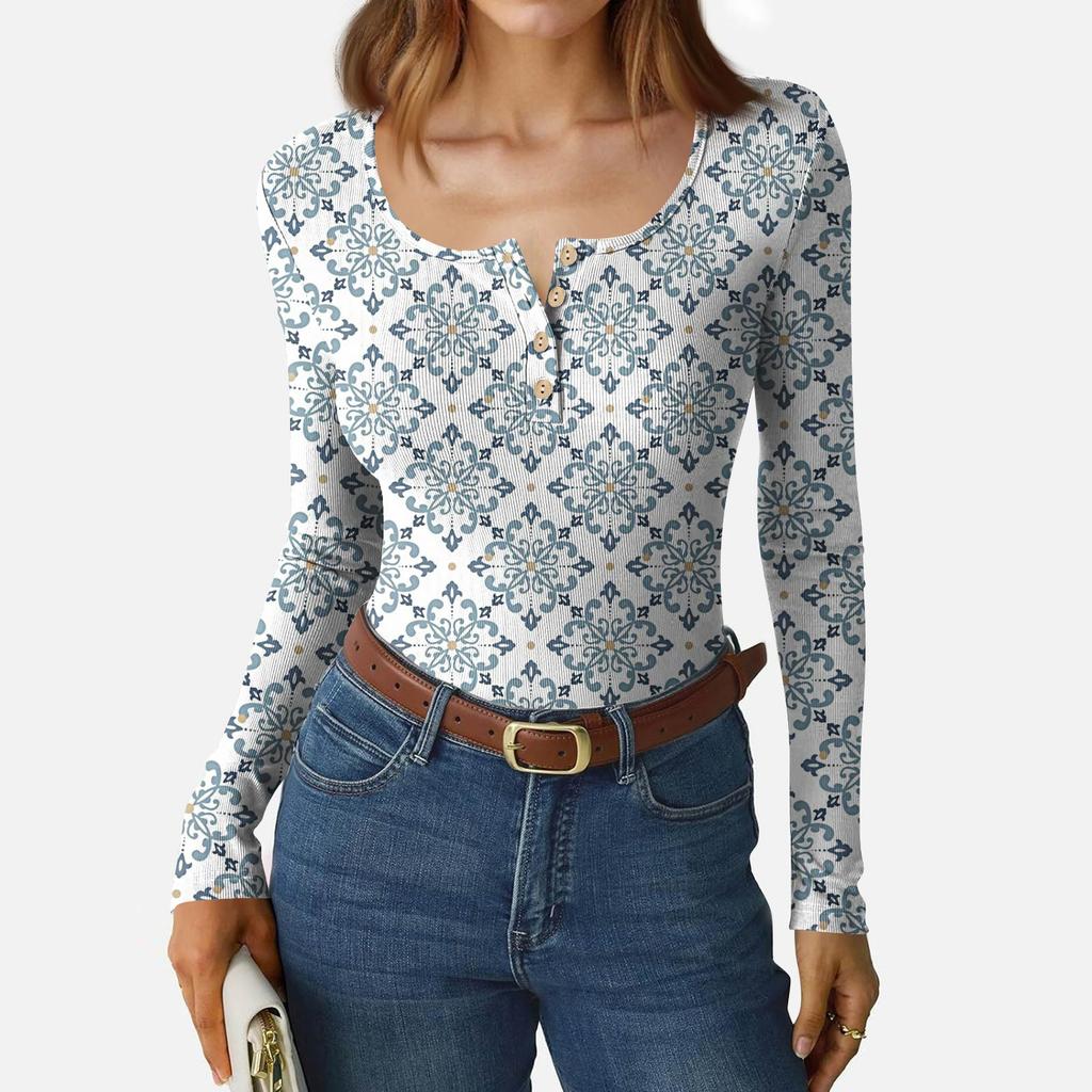 Camiseta de Fondo Delgado para Mujer Moda Casual Estampado Degradado Cuello Redondo Jersey Manga Larga Top