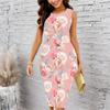 Women Plus Size Sleeveless Round Neck Midi Bodycon Dress Gradient Watercolor Wildflower Print Slim Fit Dress