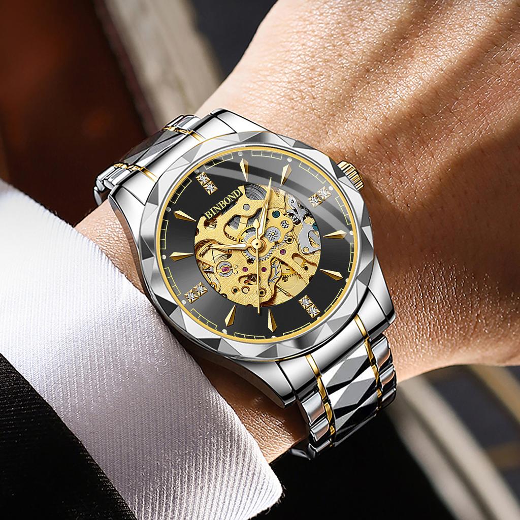 BINBOND Luminous Waterproof Automatic Tourbillon Men's Watch Reloj Skeleton Authentic Mechanical Wristwatches For Men Luxury