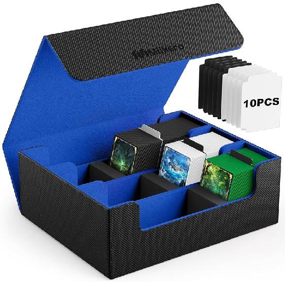 Mlikero Card Deck Case for Trading Cards 1800+, Trading Card Storage Box with 10 Dividers and 3 Foam Stoppers, Leather Magnetic Closure Commander