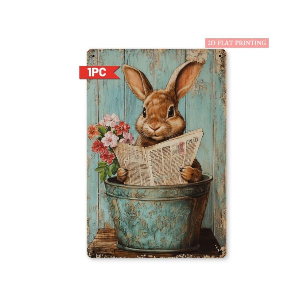 Tin Sign Retro Easter Rabbit Floral Wall Art Home Holiday Decor Metal Poster