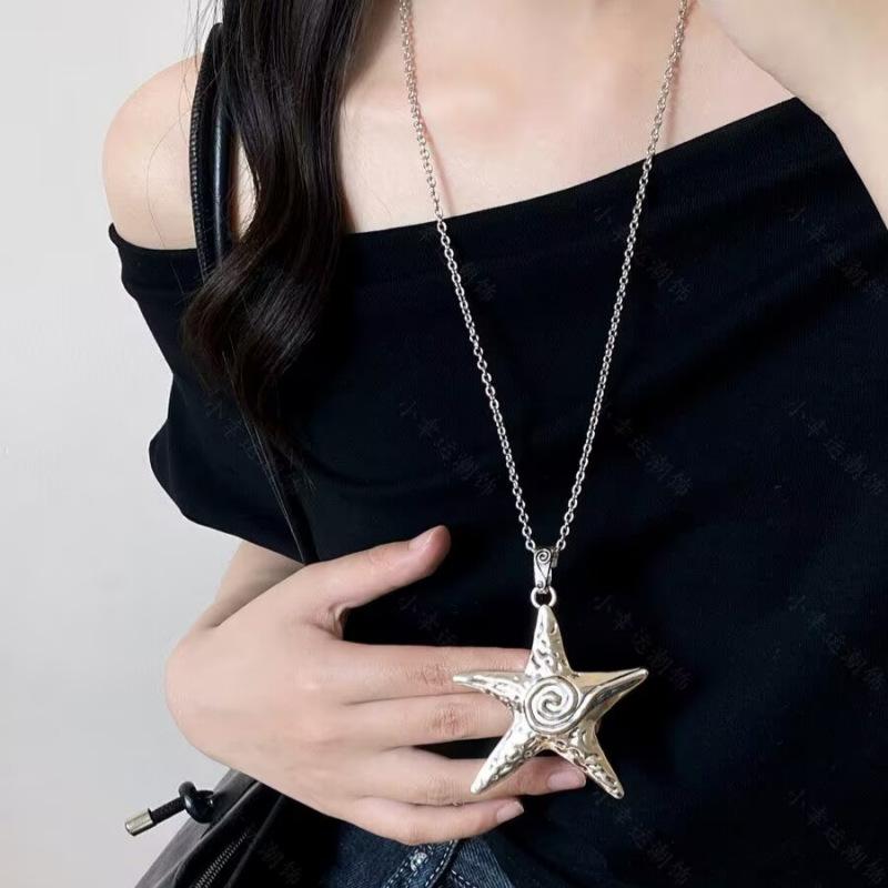 Silver Simple and Old Retro Starfish Pendant Necklace Women's Seaside Vacation Style High-end Long Sweater Chain Accessories