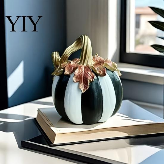 Fall Party Atmosphere Props Black And White Striped Pumpkin Ornament, Retro Style Resin Hand Painted Decor Tabletop Centerpiece, Halloween Ornament