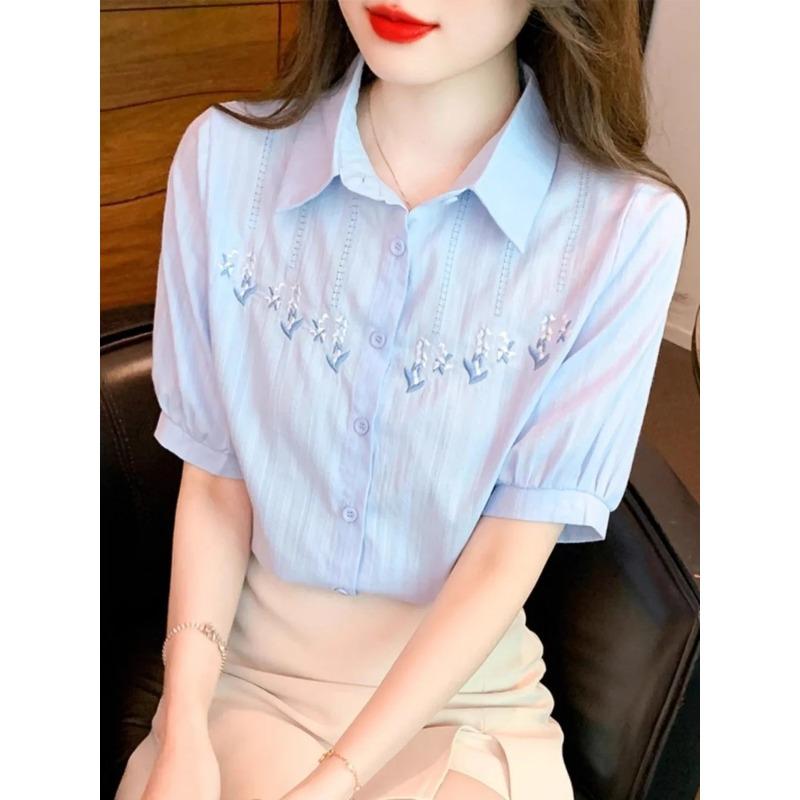Women Collar Floral Embroidery Puff Short Sleeve Button Down Blouse