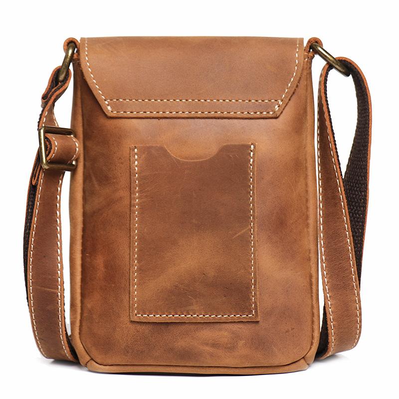 Men'S Genuine Leather Shoulder Small Backpack Crazy Horse Leather Simple Messenger Bag Cowhide Retro Mobile Phone Bag