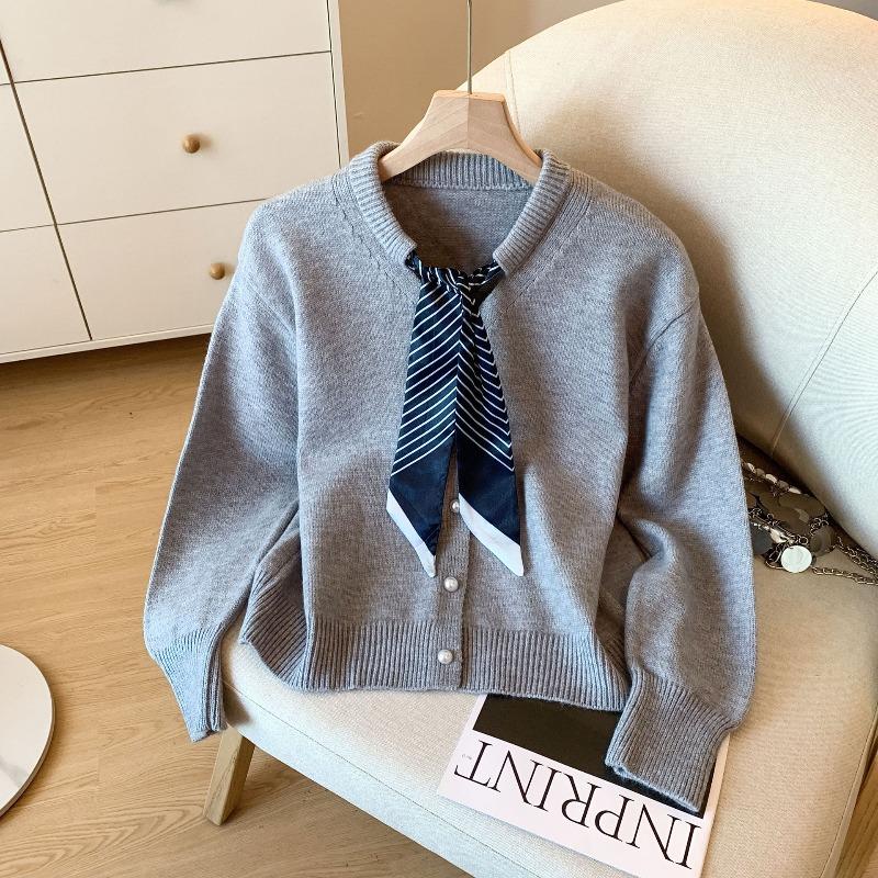 

Silk scarf lace-up knitted sweater women s autumn top long-sleeved sweater jacket one size fits all серый