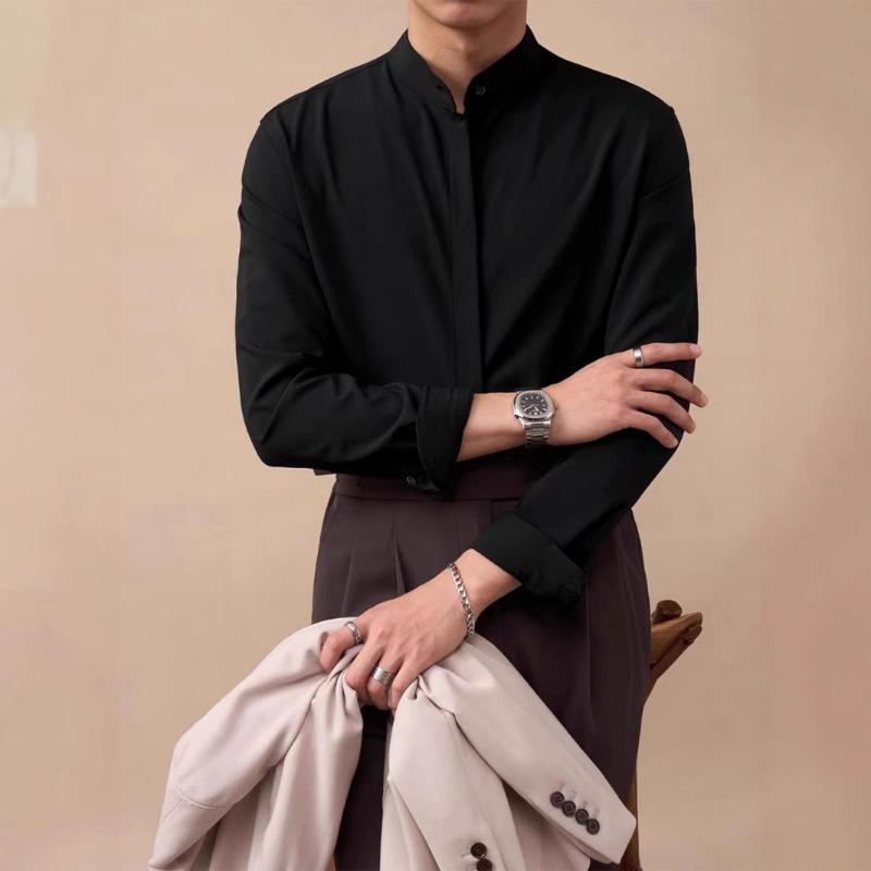 Mens Stand Collar Non Iron Slim Fit Long Sleeve Cool Casual Shirt