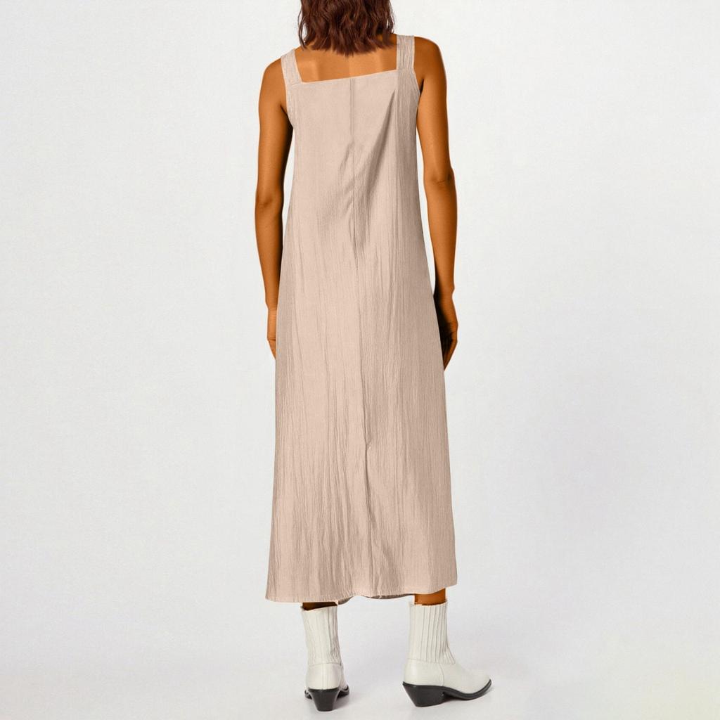 Women's Fashionable Color Square Neck Adjustable Shoulder Strap Casual Cotton And Linen Long Dress