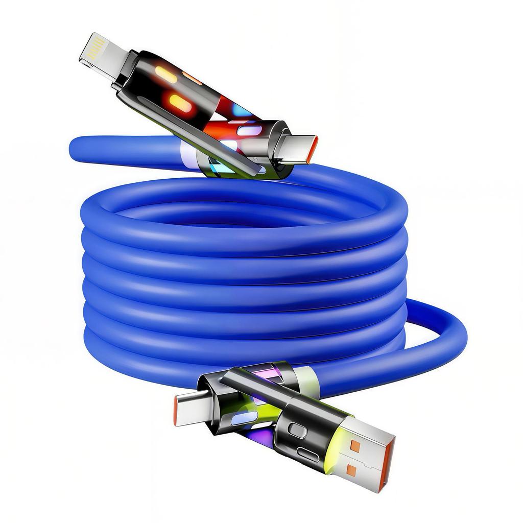 Cabo PD Multi-Cabeça 6A de Carregamento Super Rápido: Compatibilidade 4 em 1 Tipo-C e Apple, Compatível com Carregadores de Carro Huawei, Capacidade de Carregamento Duplo.