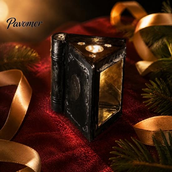 Exquisite Metal Candle Holder Magic Book Box with Light, Lighted Ornament, Office Desk Ornament Decorative Pillar Stand for Living Room Bedroom