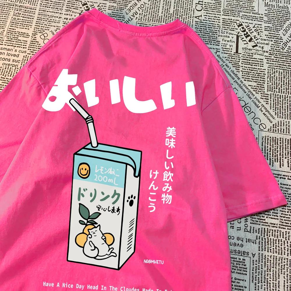 Cute Japanese cat print oversized T-shirt for children, short sleeved loose casual T-shirt