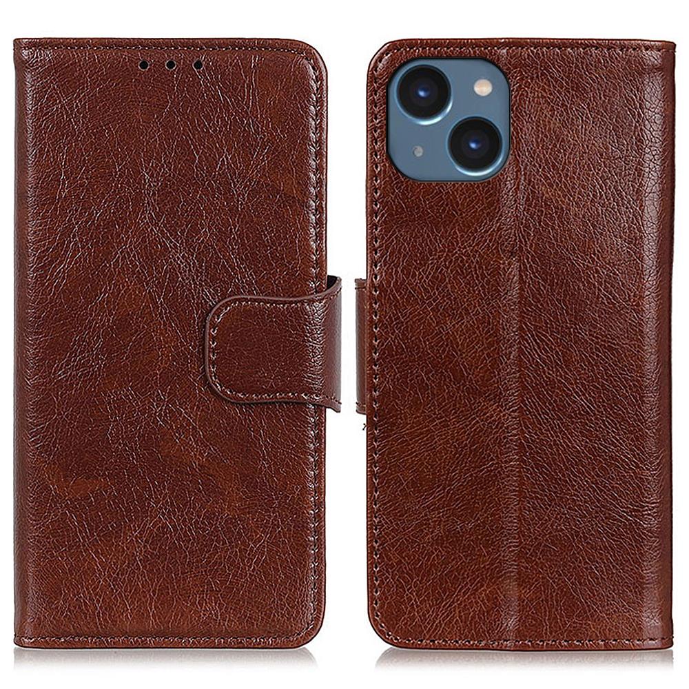 

Phone Case for iPhone 15 Plus Split Leather Nappa Texture Cover with Stand Wallet Brown