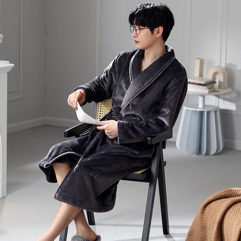 Nightgown Men'S Winter Coral Fleece Thickened Fleece Autumn And Winter Robe Men'S Pajamas Winter Flannel Long Bathrobe