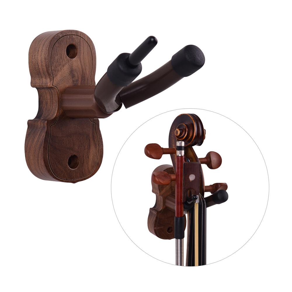 Wall Mount Violin Fiddle Viola Hanger Hook Keeper with Bow Holder Rubber Cushion Wood Base