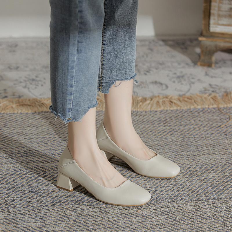 Women's Genuine Leather French-style Flats, Low-cut, Square-toe, Chunky Heel, Black, Versatile Work Shoes/commuter Shoes