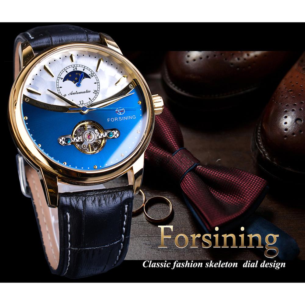 Forsining Luxury Automatic Mechanical Watches Mens Sun Moon Phase Tourbillon Watch Waterproof Men Wristwatch