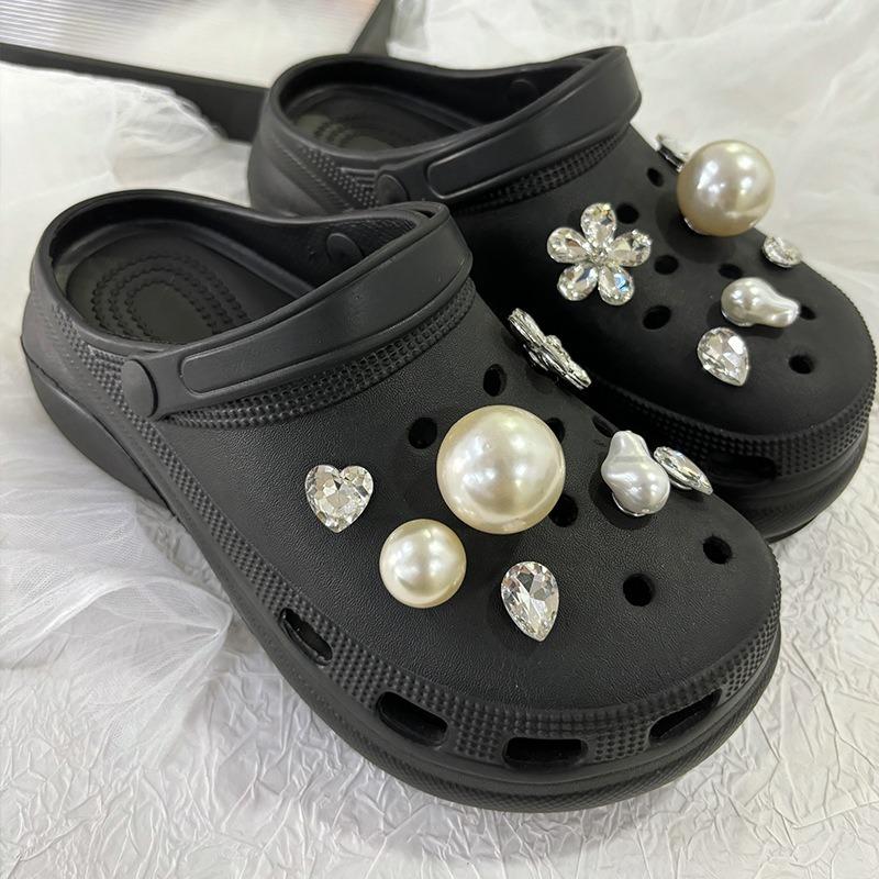 14PCS Luxury Shoe Charms Set Accessories Hole Shoe Buckle Sparkling Diamond Large Pearl DIY 3D Shoes Decorations Woman Girl Gift