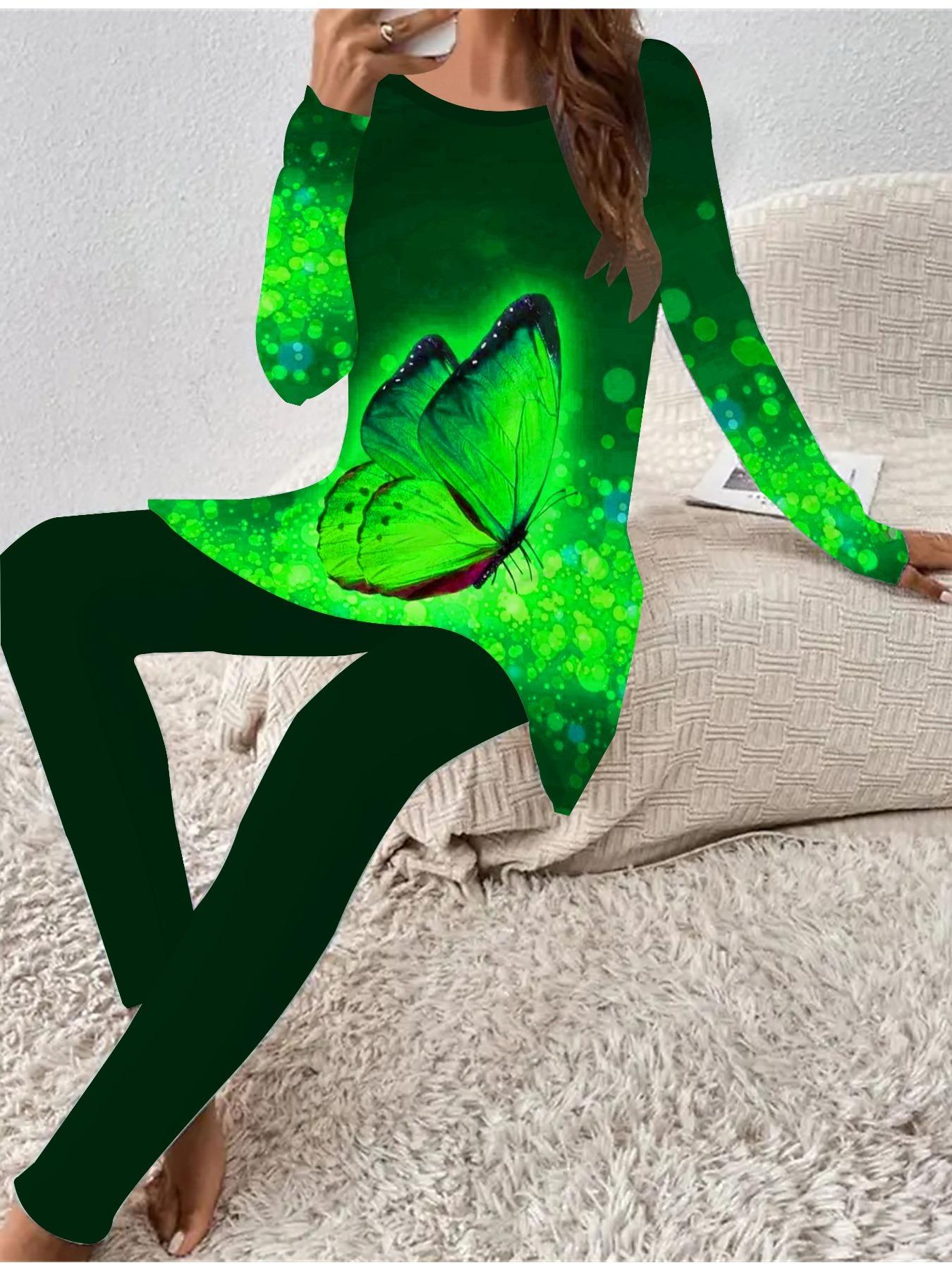 

Евро-американская мода 3D принт бабочки женская футболка с длинным рукавом на четыре сезона + длинные брюки комплект из двух предметов. Идеальный подарок на Новый год и Рождество 8XL зелёный