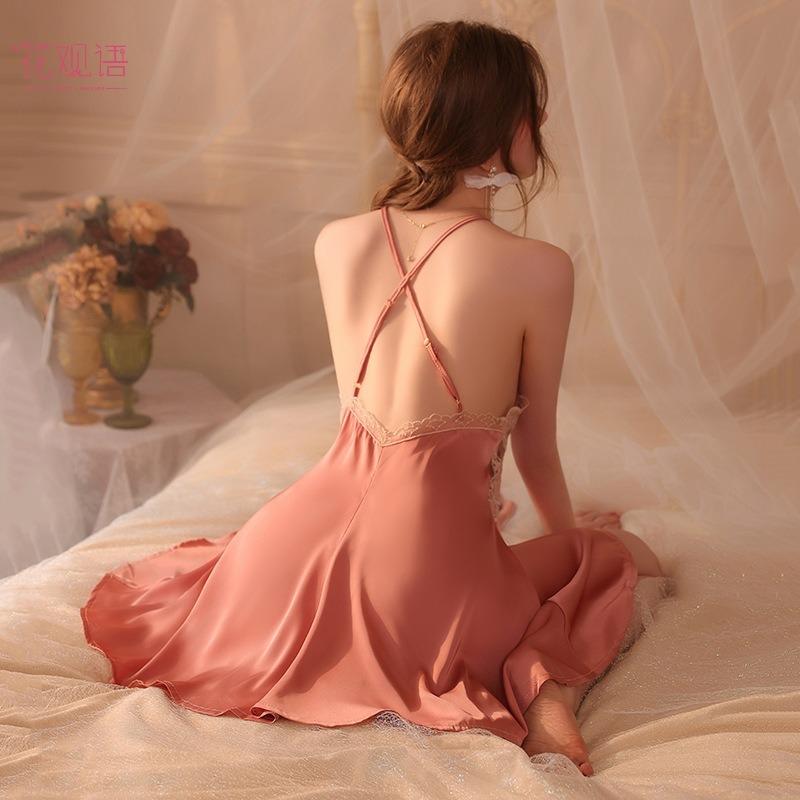 Hua Guanyu's new sexy pajamas perspective ice silk lace halter suspender nightdress robe loungewear set