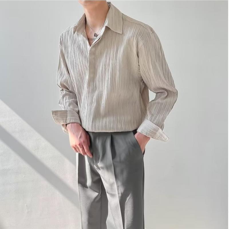 Black Apricot White Long-sleeved Shirt Men Fashion Social Mens Dress Shirt Korean Loose Casual Pleated Shirts Mens Formal Shirt