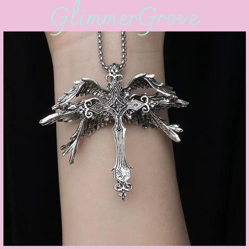 Gorgeous Wing Six Angel Cross Necklace Trendy Geometric Pendant With Durable Material Alloy