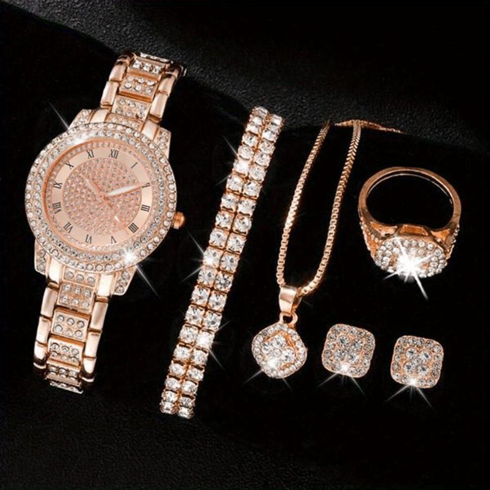 (silver) 6 Pcs/Set Women's Watches, Luxury Rhinestone Quartz Watch, Roman Fashion Analog Watch and Jewelry Set, Gift for Mom and Her