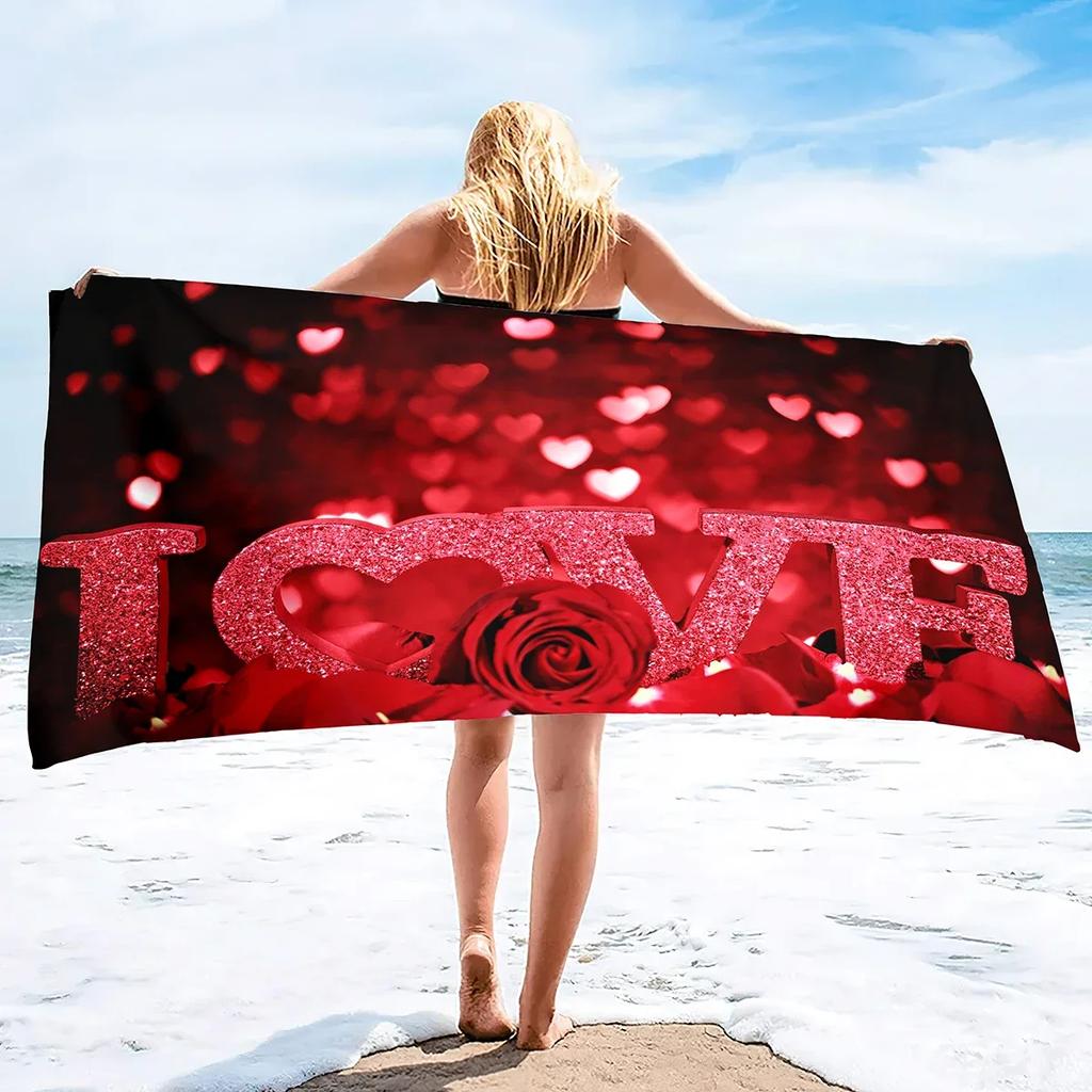 Love Heart Beach Towel, Microfiber Sand Free Quick Dry, Romantic Valentine Print, Soft Absorbent for Couples & Summer Vacation