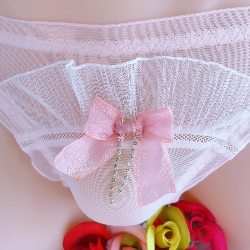 Women Panties For Men Japanese Sweet Bow Ruffle Edge Briefs Mesh See Through Sissy Lingerie Underwear Gay Lolita Male Nightwear