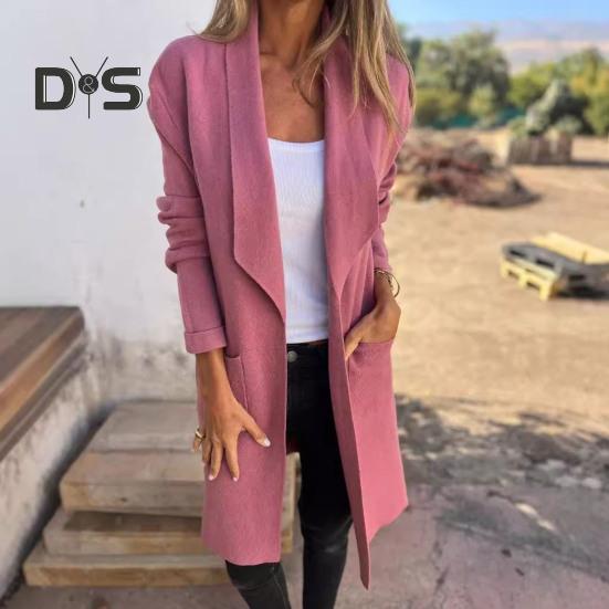 Damenjacke mit Umlegekragen, Taschen, einfarbig, offener Stich, locker, Thermo, langärmelig, Pendeln, Dating, Frühling, Herbst, Wintermantel