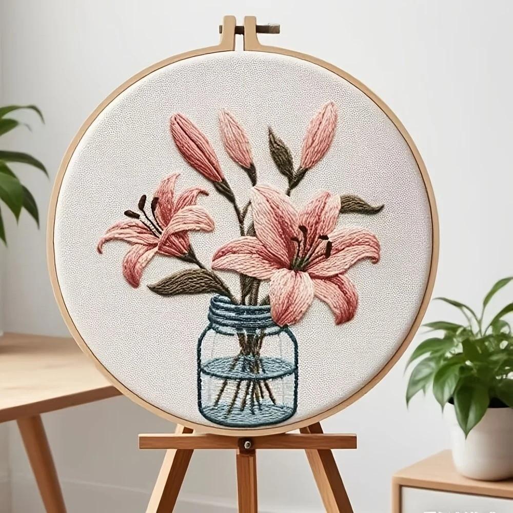 Elegantes 20cm Stickset Handgemachtes Lilienblumenmuster DIY Stickset Einseitiger Kreuzstich-Kit Für Anfänger