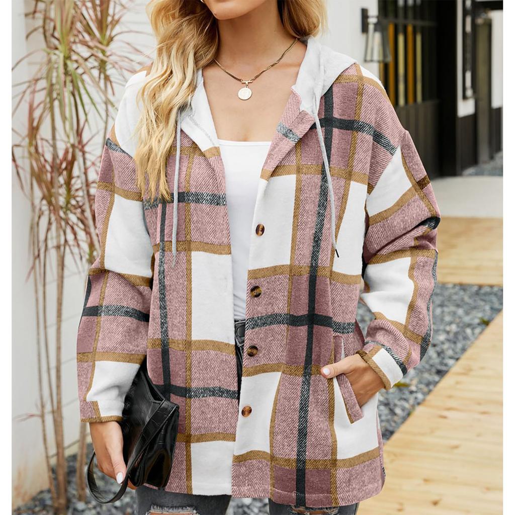 Dámská ležérní módní bunda Kostkovaná bunda Colorblock s kapucí a vlněnou košilí