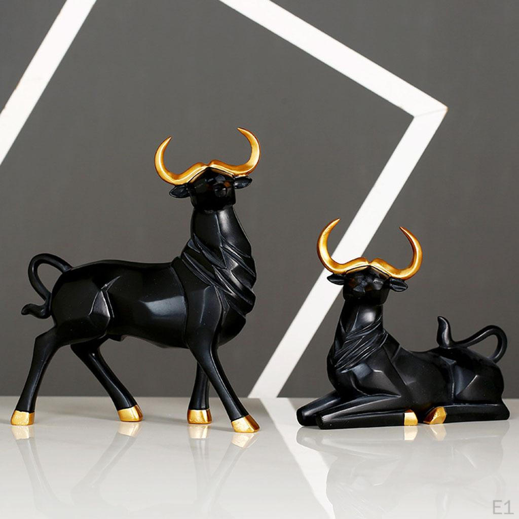 1 Pair Statue Bull Sculpture Figurine Lucky Craftwork for Bookshelf Desk Living Room Christmas Gift