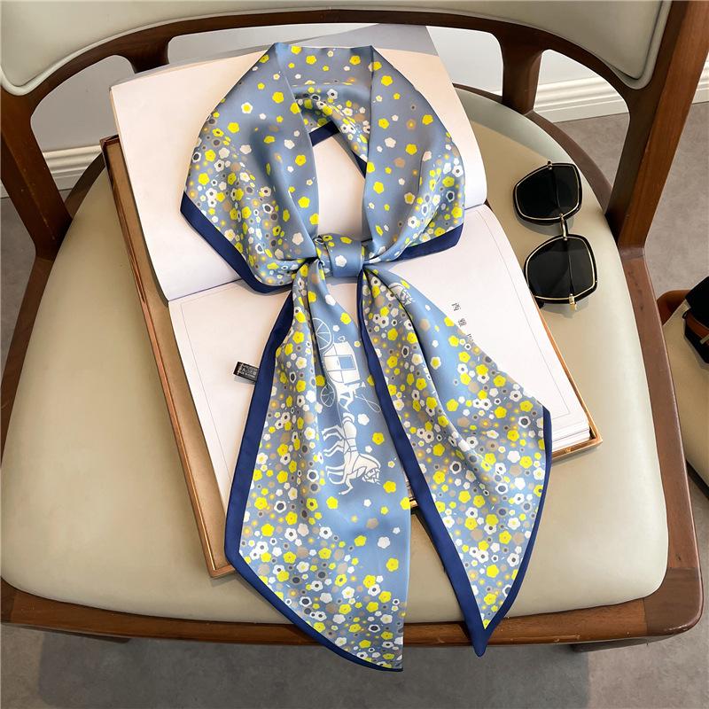 Long small silk scarf women's spring, autumn and summer black neck protection scarf with shirt streamer ribbon belt thin scarf