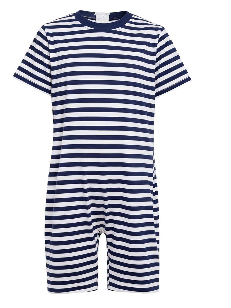 3 Piezas Mono Rayado Adaptativo para Niños Cuello Redondo Manga Corta Longitud hasta el Muslo Espalda Anti-Rayas Cremallera Invisible para Cuidado de Necesidades Especiales
