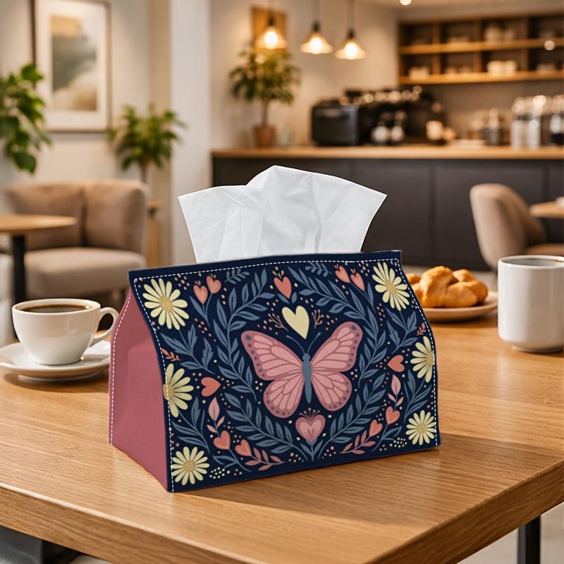 1pc Folk Style Butterfly Tissue Box with Symmetrical Napkin Holder - Dark Blue & Pink Suitable for Rolls/Facial Tissues, Decorative Organizer for Home