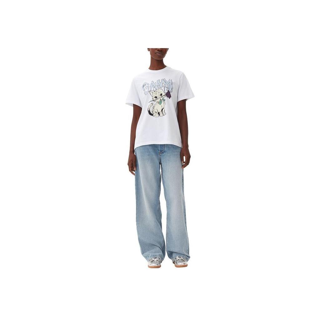 Ganni Cat Print Casual Round Neck Short Sleeve Regular T-Shirt Women Tops Bright-White T3995151