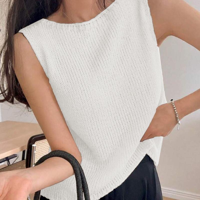 Damski dzianinowy top bez rękawów z okrągłym dekoltem, letni minimalistyczny sweter kamizelka
