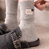 Cashmere Cream-colored Women's Mid-calf Socks for Autumn and Winter, Thickened Wool Warm Long Socks, Fabric Label Button Pile Socks