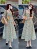 Women's French Square Neck Floral Dress Summer New Waist Thin Small Fresh A Word Coffee Break Dress